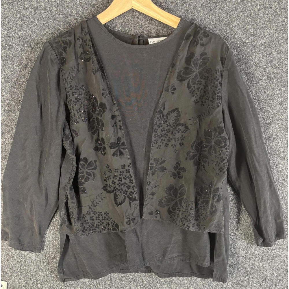 Fundamental Things Blouse Women 12P Petite Gray Floral Long Sleeve Hook & Eye